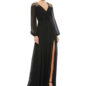 Ieena Mac Duggal Black Puff Sleeve Chiffon Beaded Shoulder Gown